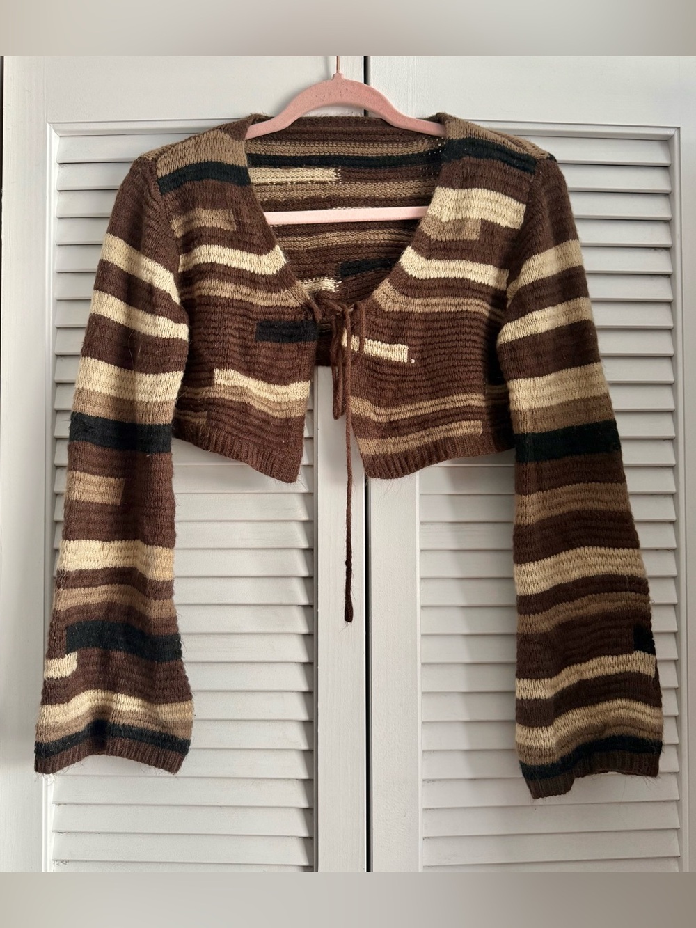 Brown Striped Cropped Tie-Front Women's Sweater